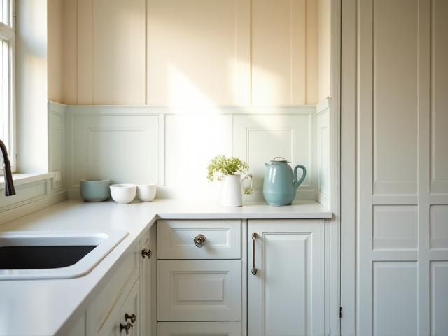 Klassiskt svenskt kök med ljusa snickerier och tidlös design.