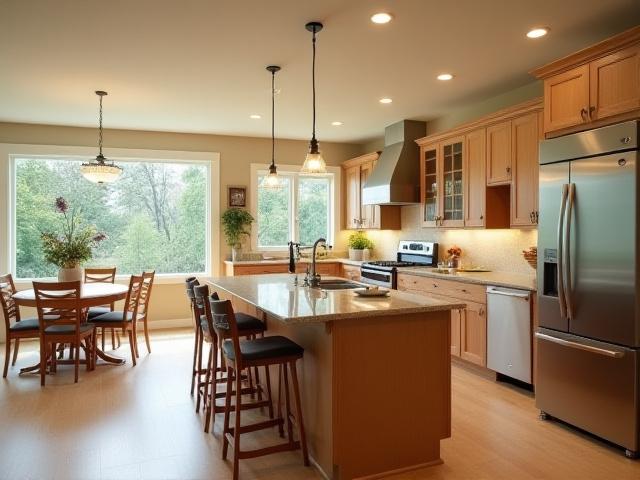 Stort familjekök med köksö, matplats och öppen planlösning