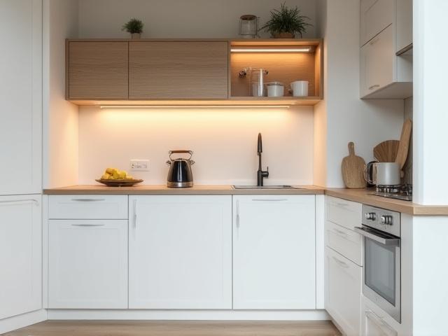 Kompakt och smart designat kök för litet utrymme med effektiv förvaring
